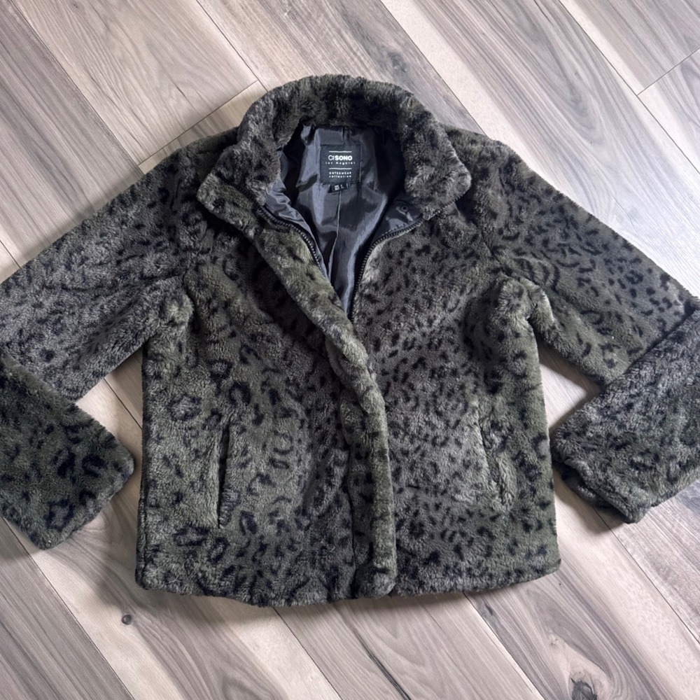 Cisono Los Angeles Faux Fur Leopard Print Jacket Olive Green Small Full Zip